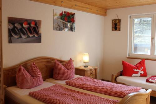 een slaapkamer met 2 bedden met rode kussens en een raam bij Sonnerhof Hofsgrund in Oberried