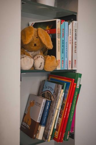 a book shelf with a stuffed animal and books at חלון לגלבוע צימר בוטיק בעמק המעיינות in Bet Alfa