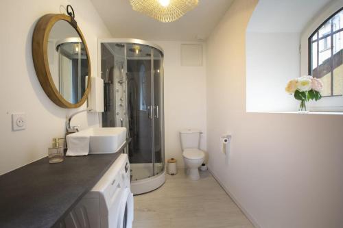 a bathroom with a sink and a shower and a mirror at Le Nid 3 étoiles Wifi, Netflix, Disney, Coeur de Bastide in Villefranche-de-Rouergue