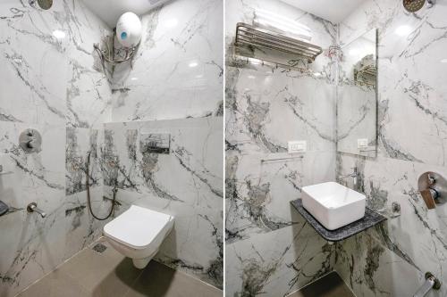 two pictures of a bathroom with a toilet and a sink at Hotel Affari in Mumbai