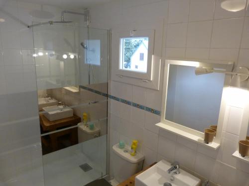 W łazience znajduje się prysznic, umywalka i toaleta. w obiekcie Grand Gîte Saint-Lary centre pour 15 pers. pouvant accueillir jusqu’à 17 pers. w mieście Saint-Lary-Soulan