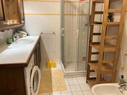 ein Badezimmer mit einer Dusche, einem Waschbecken und einer Waschmaschine in der Unterkunft Résidence Le Hameau Des Glaciers - 3 Pièces pour 5 Personnes 834 in Les Houches