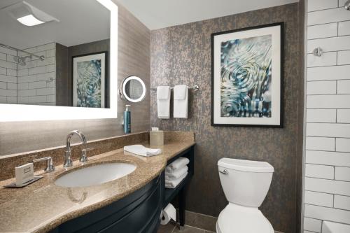 a bathroom with a sink and a toilet at Radisson Hotel Corning in Corning