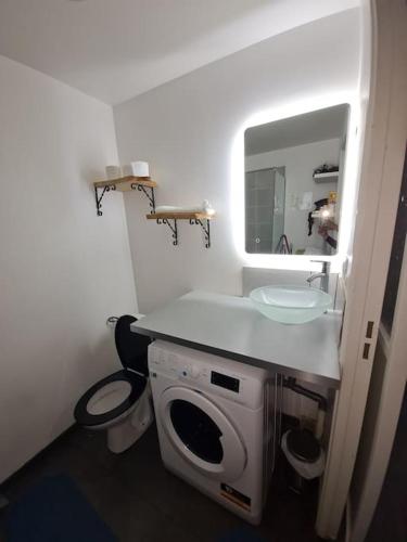 La salle de bains est pourvue d'un lavabo et d'un lave-linge sous un comptoir. dans l'établissement Chez vous à Evry, Évry-Courcouronnes