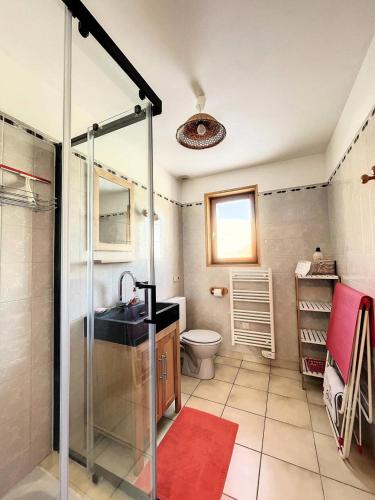 une salle de bain avec une douche, un lavabo et des toilettes dans l'établissement Chalet Les Airelles - APPARTEMENT DANS CHALET AVEC GARAGE MAE-9054, à Villarembert