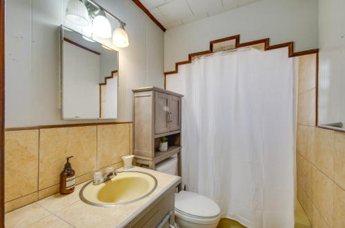 a bathroom with a sink and a toilet and a mirror at Silver Creek Getaway with Fireplace - 12 Mi to Lake in Prentiss