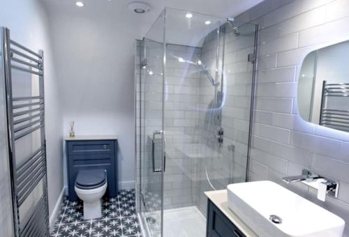 a bathroom with a toilet and a glass shower at The Old Stables - Self Contained Cottage - Hot Tub and Pool in Salisbury