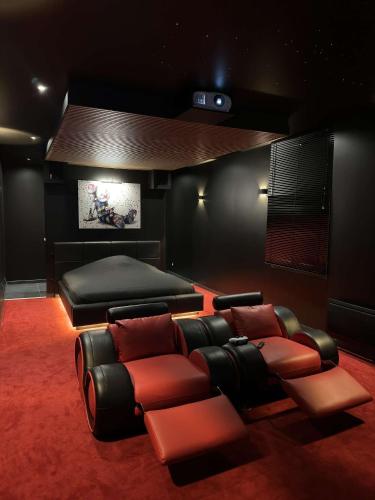 a living room with a couch and a bed at Cine47spa in Précy-sur-Oise