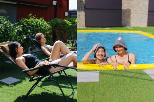 two pictures of women sitting in chairs next to a pool at YahikoYYPark - Vacation STAY 80770v 