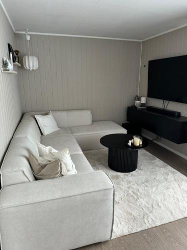 a living room with a white couch and a television at Hus med 2 soverom in Sortland