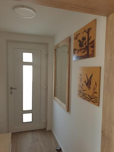 a hallway with a door and a window and a mirror at Koča z razgledom in Križe