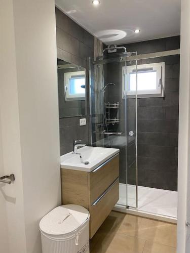 une salle de bain avec une douche, un lavabo et des toilettes dans l'établissement Les clés de Bormes 40 m2, à Bormes-les-Mimosas