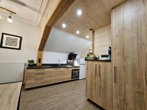 eine Küche mit Holzschränken und einem Waschbecken in der Unterkunft Gîte BLEUET le petit LOFT, dans résidence et SPA in Ventron