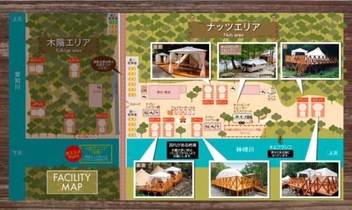 eine Collage mit Fotos einer Resortkarte in der Unterkunft Riverside Glamping Nuts - Vacation STAY 84738v in Komono