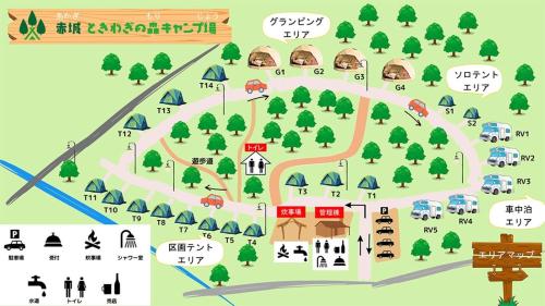 Akagi Tokiwa Forest Campsite - Vacation STAY 84739v في Shibukawa: خريطة لحديقة بها سيارات وخيام