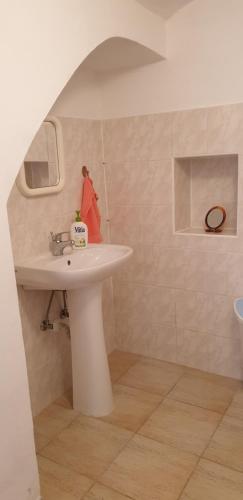 ein Badezimmer mit einem weißen Waschbecken und einem Spiegel in der Unterkunft Chalupa Jestřebí in Velké Svatoňovice