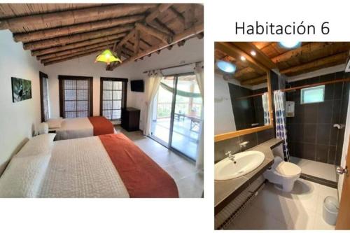 2 immagini di una camera con letto e bagno di Finca Hotel Palma de Iraka - Quindío - Hasta 26 Personas a La Tebaida