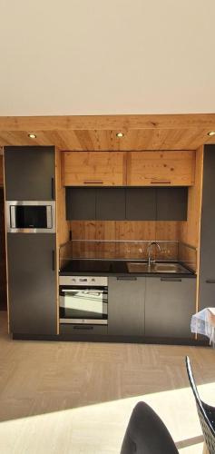 une cuisine avec un réfrigérateur en acier inoxydable et un micro-ondes dans l'établissement Résidence La Cry - La Cry 13 MAE-5604, à Combloux