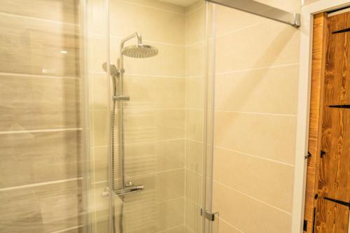 une douche avec une porte vitrée dans une salle de bain dans l'établissement Résidence Les Hauts De Preclaux - Superbe appartement offrant une vue sur les pistes MAE-6104, aux Orres