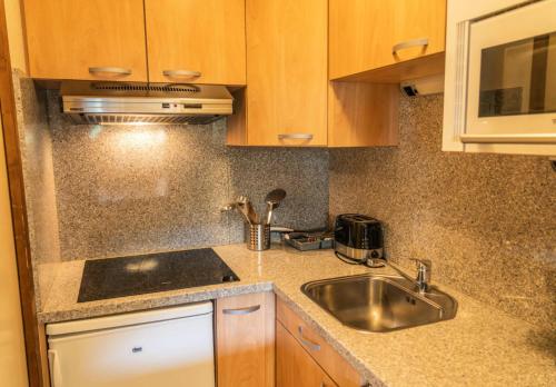 une cuisine avec un évier et un plan de travail dans l'établissement Résidence Le Belvedere - Studio coin montagne au coeur des Orres 1650 MAE-6324, aux Orres