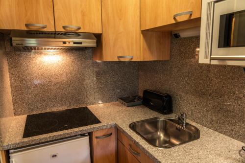 une cuisine avec un évier et un plan de travail dans l'établissement Résidence Le Belvedere - Studio coin nuit au coeur des Orres 1650 MAE-6404, aux Orres