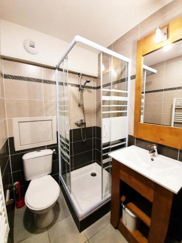 une salle de bain avec une douche, des toilettes et un lavabo dans l'établissement Les Chalets Des Rennes - Appartement montagnard - Les Chalets Des Rennes MAE-9404, à Vars