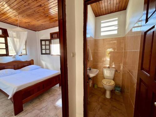 um quarto com uma cama, um WC e um lavatório em VILLA DES PALMIERS em Le Marin