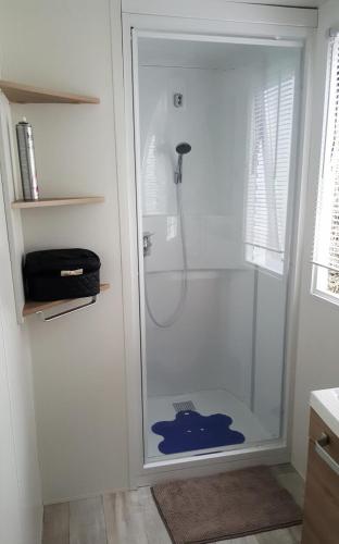 une douche avec une porte vitrée dans une salle de bain dans l'établissement Mobil-home 6 pers. avec accès piscine et complexe aquatique - Mobil-home 4 Pièces 6 Personnes MAE-8962, à Saint-Jean-de-Monts