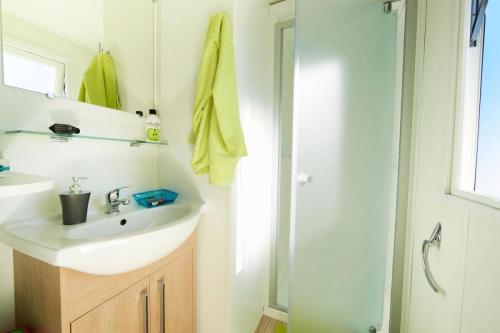ein Bad mit einem Waschbecken und einer Dusche in der Unterkunft Mobil-home 4 pers. proche plage 69085 in Saint-Jean-de-Monts