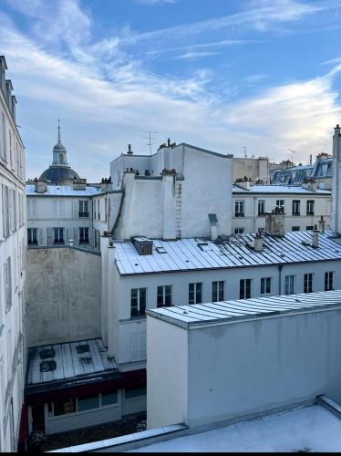 uma vista para uma cidade com edifícios brancos em Small gem in the heart of Le Marais em Paris