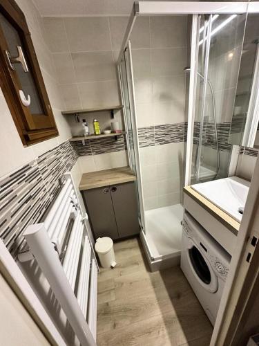 uma pequena casa de banho com um chuveiro e uma máquina de lavar roupa em Résidence La Melusine - Studio pour 0 Personne 554 em Villard-de-Lans