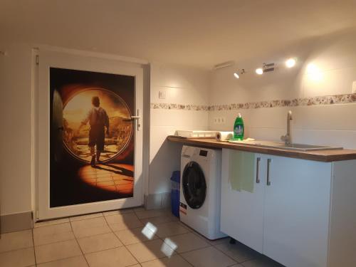 una cocina con una pintura en la pared y una lavadora en Sub Rosa, en Balatonfenyves