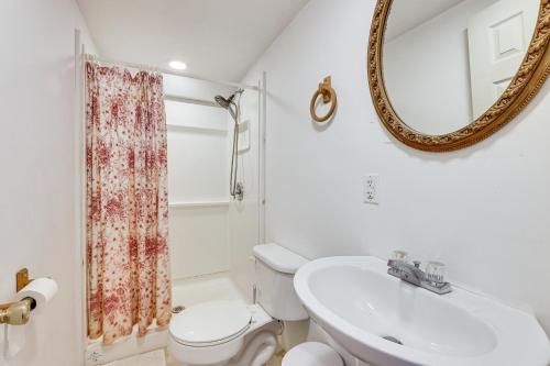 W łazience znajduje się umywalka, toaleta i lustro. w obiekcie McDowell Highland County River Retreat with Deck! w mieście Williamsville