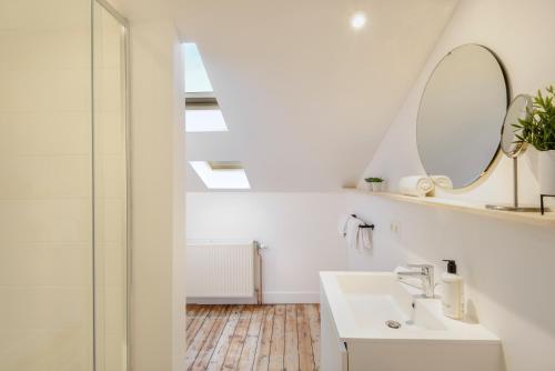 uma casa de banho com um lavatório e um espelho em Our Bird's Nest in the Heart of Antwerp em Antuérpia