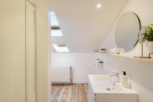 un bagno con lavandino e specchio di Our Bird's Nest in the Heart of Antwerp ad Anversa
