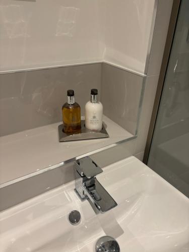 a bathroom sink with a mirror and two bottles of soap at Cathedral Apartment in Lichfield