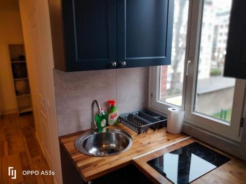 un comptoir de cuisine avec un évier et une fenêtre dans l'établissement Studio Boulogne Billancourt, à Boulogne-Billancourt