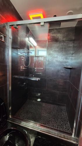 a bathroom with a shower with a black tiled wall at Home Stay in Atlanta