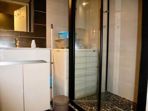 um chuveiro numa casa de banho com uma porta de vidro em Résidence Oncet - Studio pour 3 Personnes 144 em Barèges