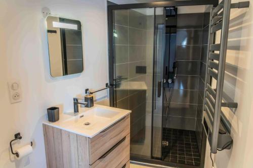 a bathroom with a sink and a shower at Résidence Pramouton - Un logement tout confort au cœur d’un chalet MAE-0411 in Le Mélézet