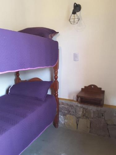 a bedroom with a bed with purple sheets at 4 ELEMENTOS in Huacalera
