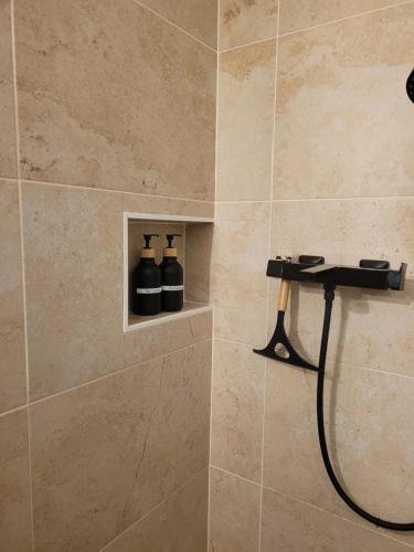 a bathroom with a shower with two bottles on a shelf at Appartement au cœur de la cité d'Angoulême in Angoulême