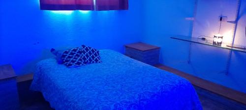 um quarto azul com uma cama com uma cama azul sidx sidx em Dpto del Sur em San Roque