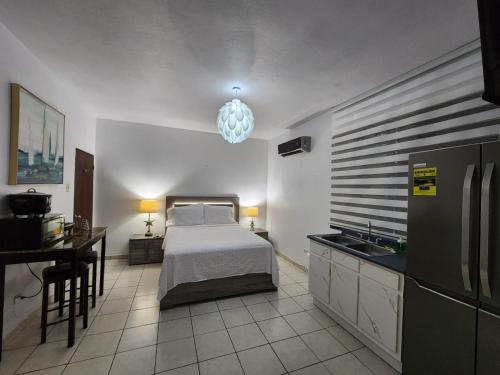 Il comprend une chambre avec un lit et une cuisine avec un évier. dans l'établissement Playa Apartments, à Salinas