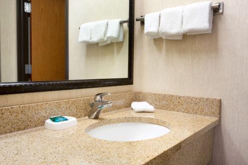 a bathroom with a sink and a mirror and towels at Drury Inn & Suites McAllen in McAllen
