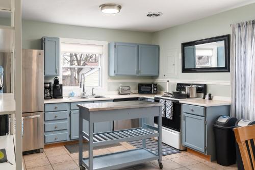 a kitchen with blue cabinets and a counter top at French Island Whot Tub, Kayak, Lake View, Ev in La Crosse