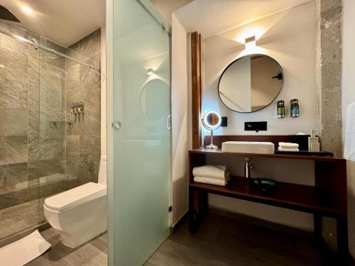a bathroom with a shower and a toilet and a sink at Casa de la Luz Hotel Boutique in Mexico City