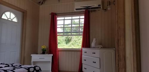 Schlafzimmer mit einem Bett und einem Fenster mit roten Vorhängen in der Unterkunft CNP Apartments in Saint Johnʼs