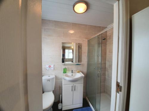 een badkamer met een toilet, een wastafel en een douche bij London Ilford Rooms in Goodmayes