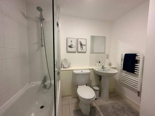 a bathroom with a toilet and a sink and a shower at Luxurious Central London 1 Bed - Lake View in London